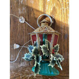 Vintage 1960s Christmas Lantern Candle With Holly & Glitter Accents